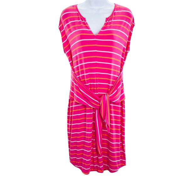 LANDS END Pink Orange Striped Knit Dress Cap Sleeve Tie Waist Split V-Neck S - Picture 1 of 12